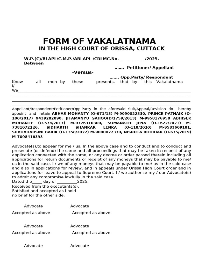 Form of Vakalatnama High Court 22.05.23 | PDF