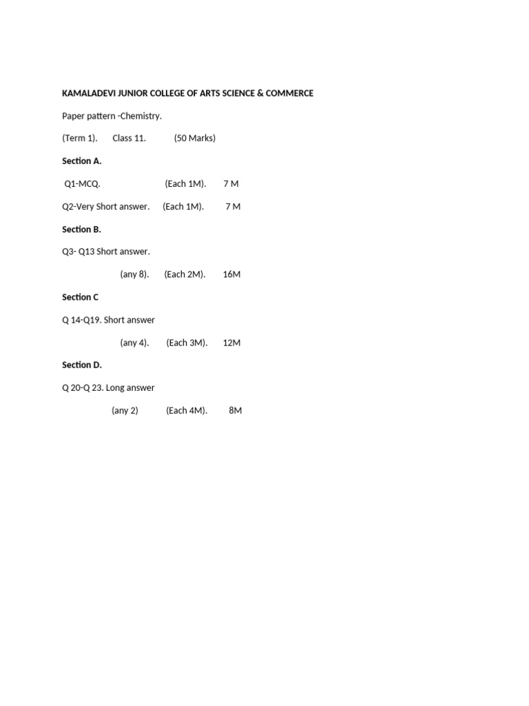 Class 11 Chemistry Paper Pattern | PDF