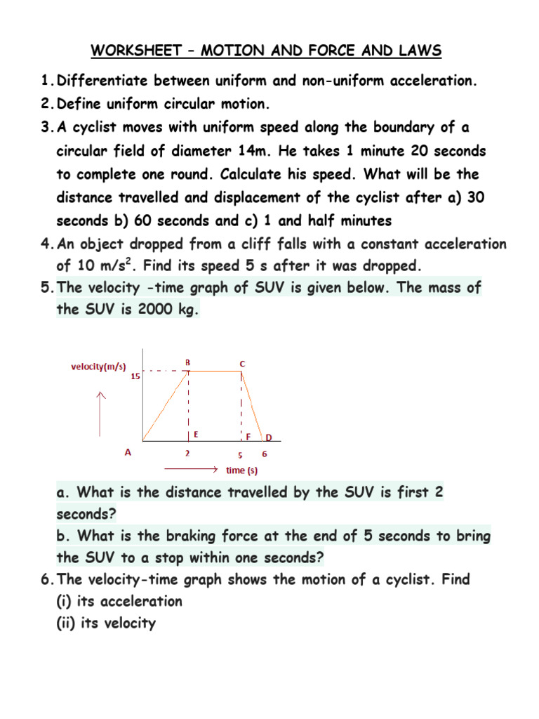 Motion and Force Worksheet Activities | PDF | Speed | Acceleration