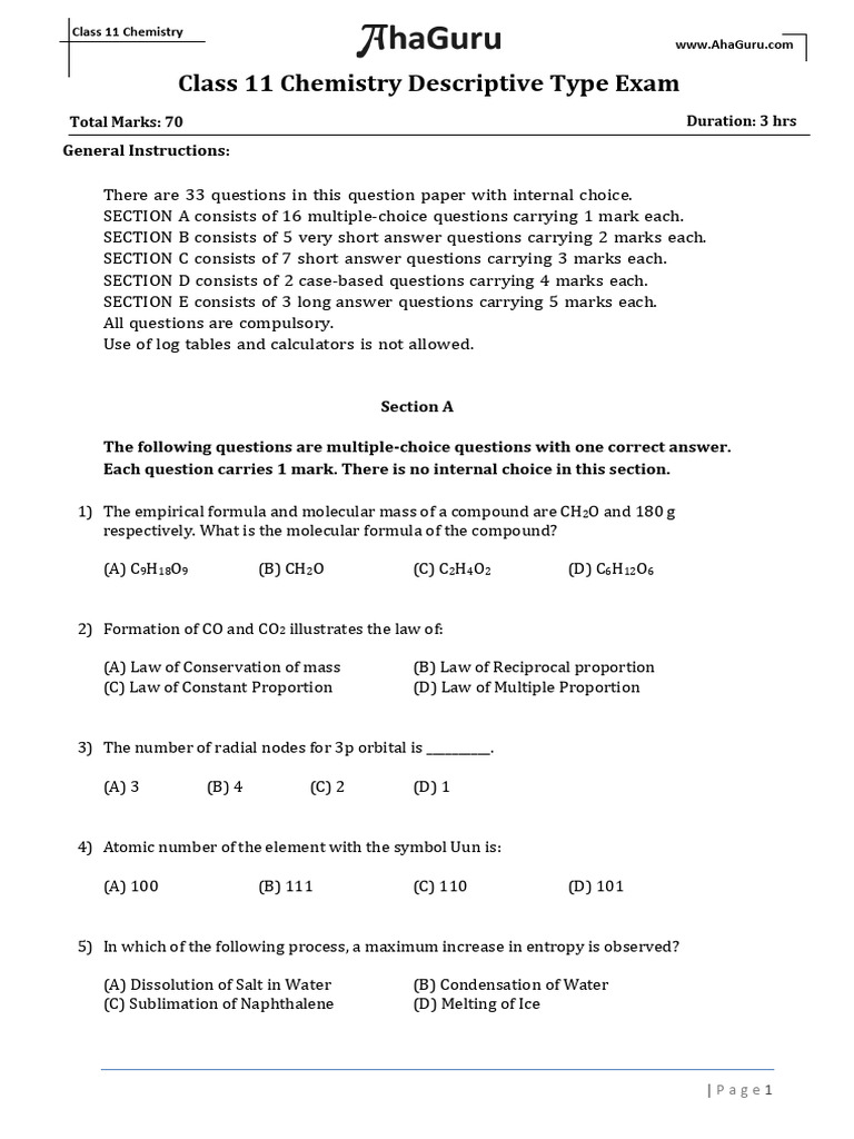 Class 11 Chemistry Exam Paper Guide | PDF | Atoms | Chemical Reactions