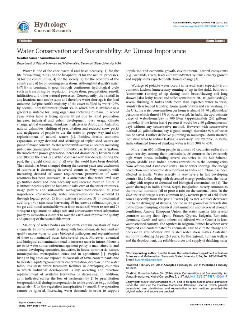 Water Conservation and Sustainability an Utmost Importance 2157 7587 ...