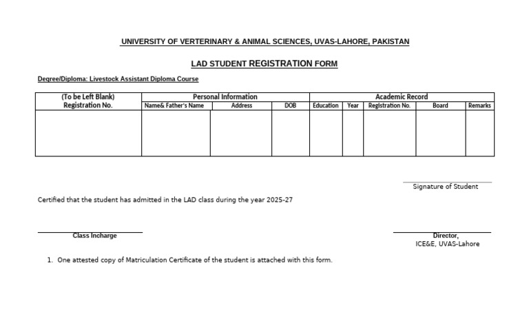 UVAS Lahore LAD Student Registration Form | PDF