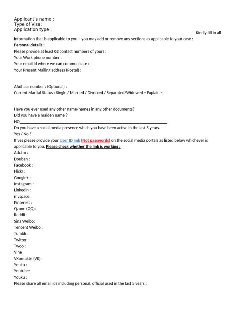 Comprehensive Visa Application Form | PDF | Travel Visa | Government ...