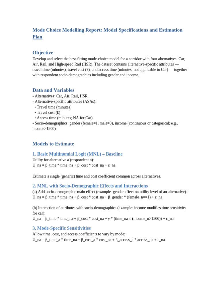Mode Choice Model Estimation Report | PDF