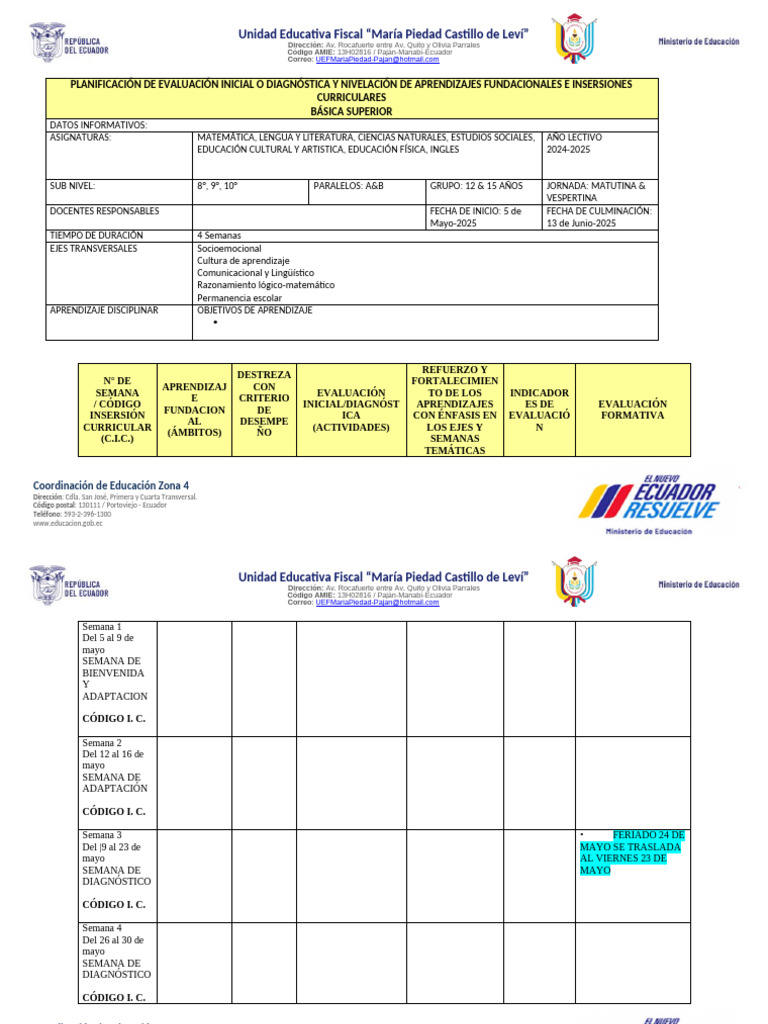 Planificación Evaluación Inicial 2024-2025 | PDF | Plan de estudios ...
