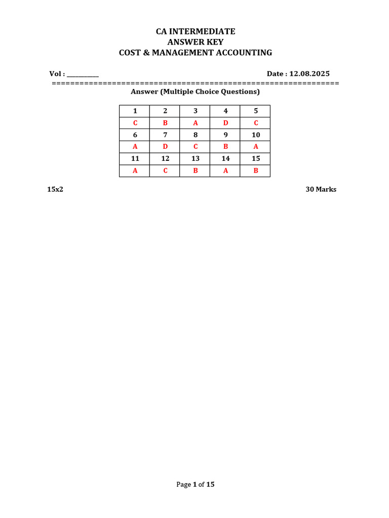 CA Intermediate Cost Accounting Answer Key | PDF | Labour Economics ...