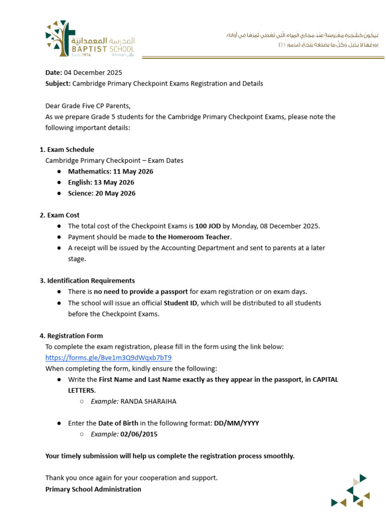 Cambridge Primary Checkpoint Exam Details | PDF