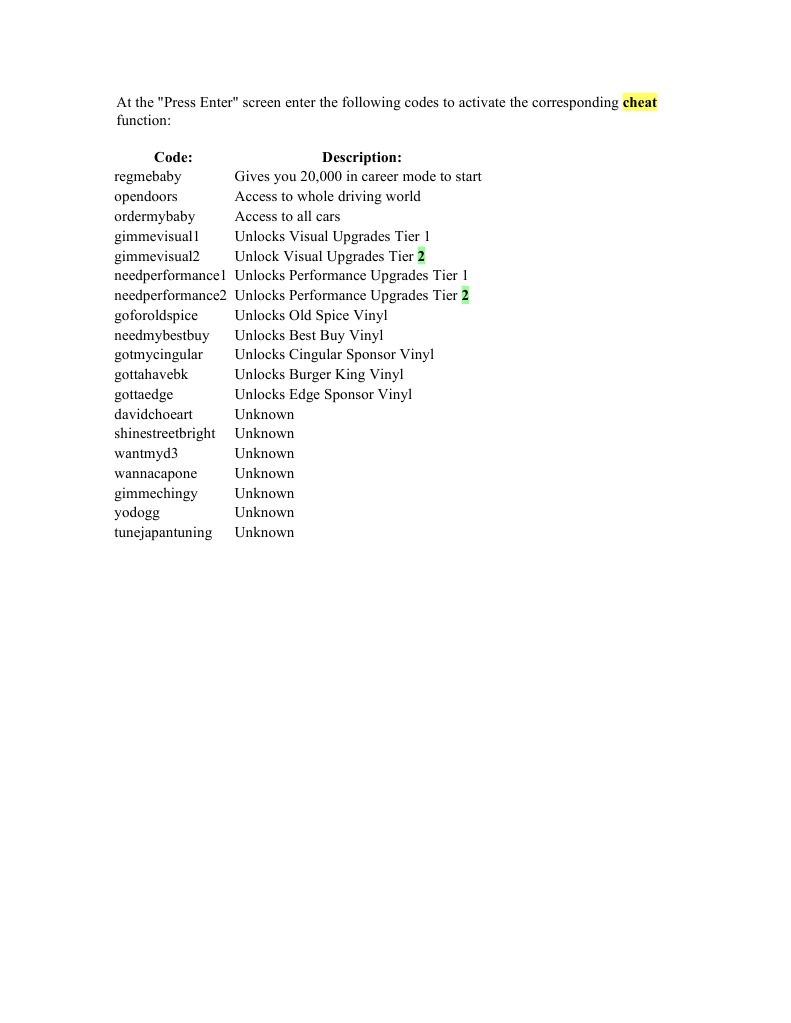Cheat Codes for Driving Game Unlocks | PDF | Games & Activities