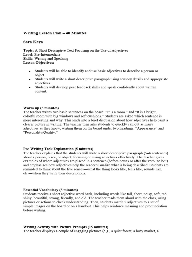 Descriptive Writing Lesson Plan | PDF | Adjective | Linguistics