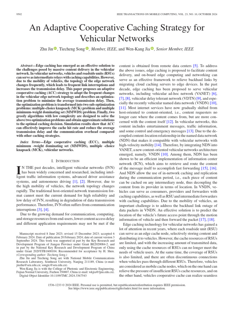 Adaptive Caching for Vehicular Networks | PDF | Cache (Computing ...