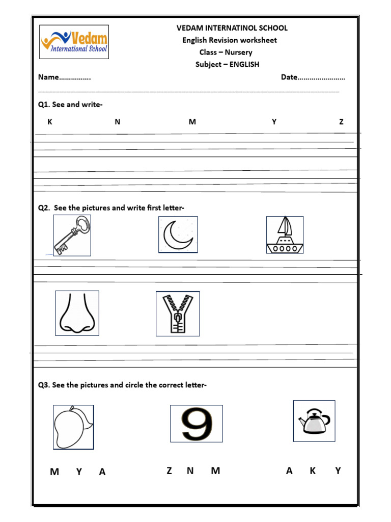 Nursery English Revision Worksheet at 3 | PDF