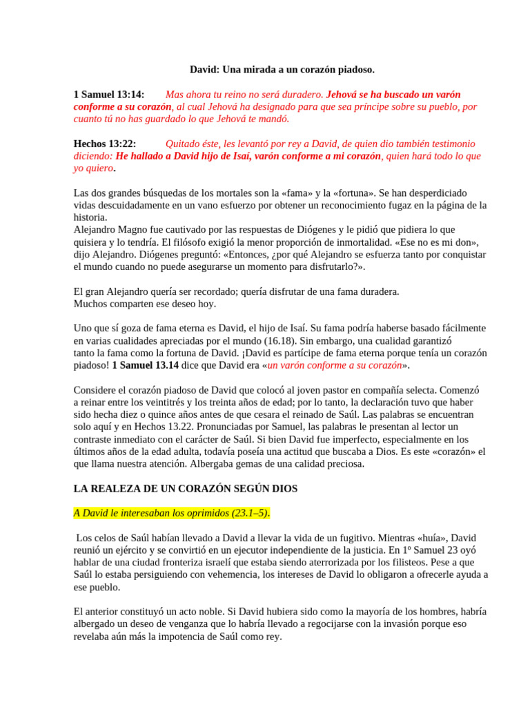 Corazón Piadoso de David: Lecciones de Fe | PDF | David | Saulo