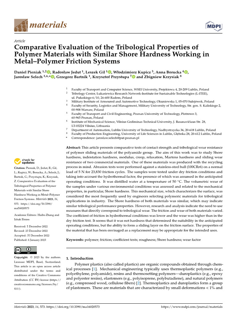 Tribological Properties of Polymer Materials | PDF | Wear | Friction