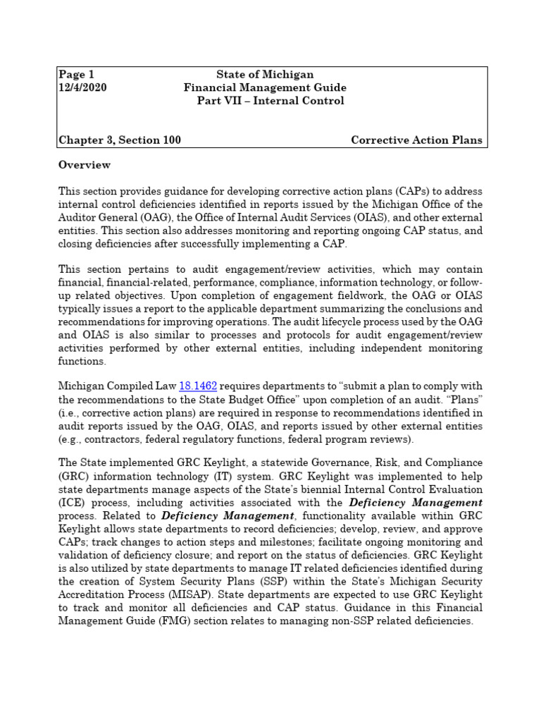 Michigan Corrective Action Plans Guide | PDF | Internal Control | Audit