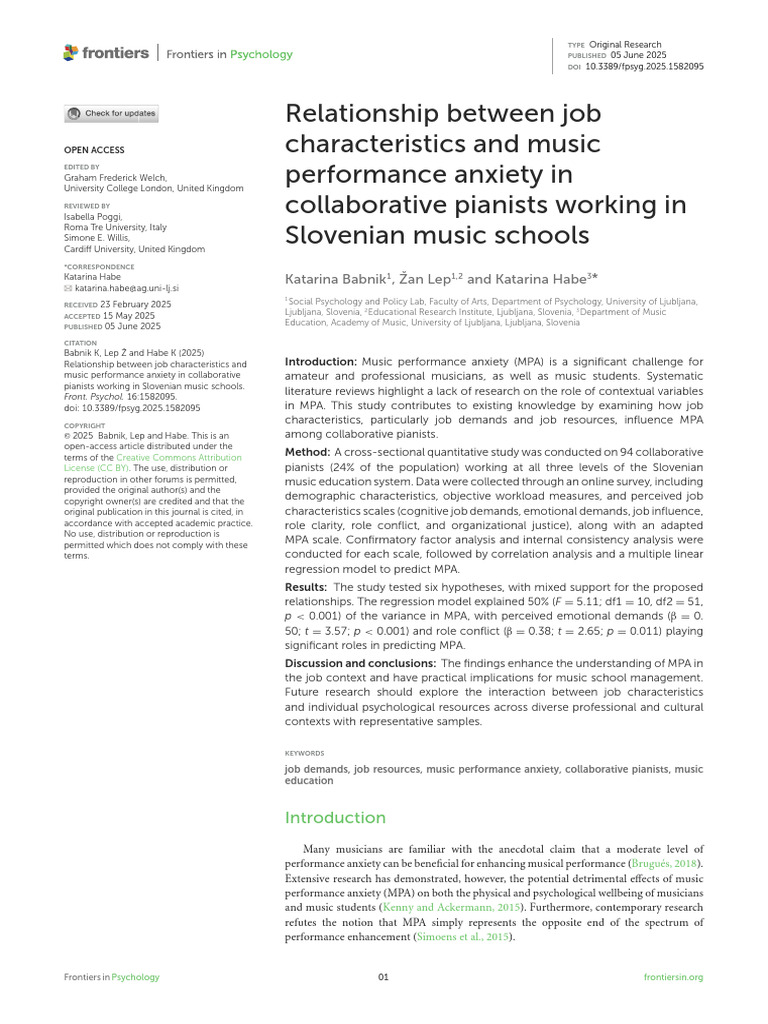 Relationship Between Job Characteristics and Music Performance Anxiety ...