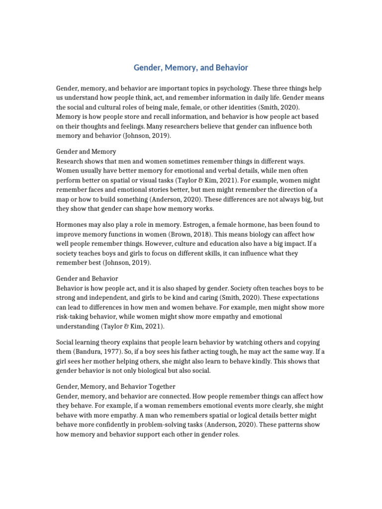 Gender Memory and Behavior Scholarly Paper | PDF | Memory | Gender Studies