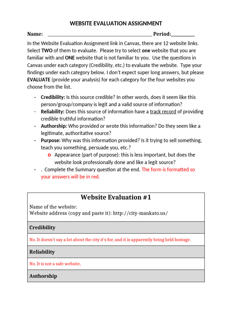 Website Evaluation Assignment Guide | PDF