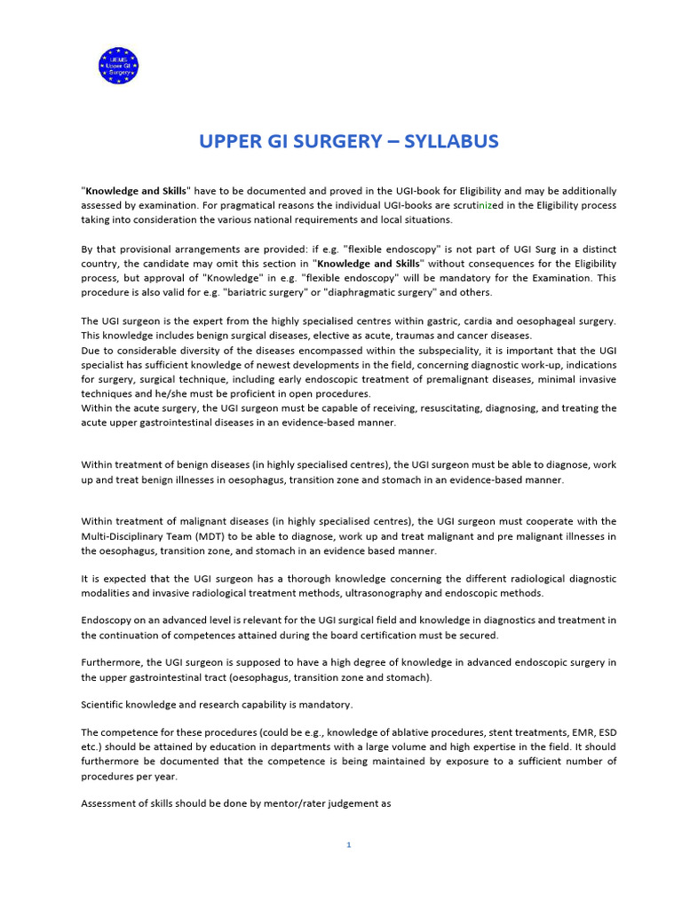 Upper GI Surgery Syllabus Overview | PDF | Surgery | Esophagus