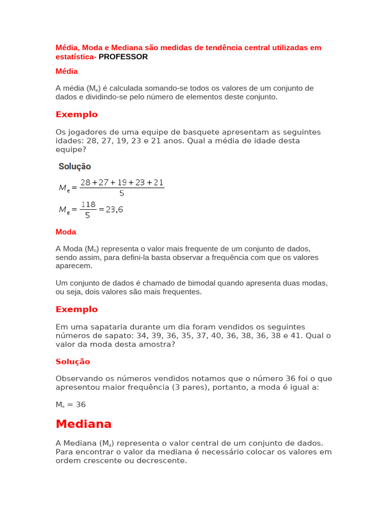 Média, Moda e Mediana em Estatística | PDF | Média | Mediana (Estatística)