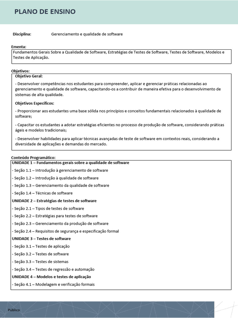 Plano de Ensino: Qualidade de Software | PDF | Testes de software ...