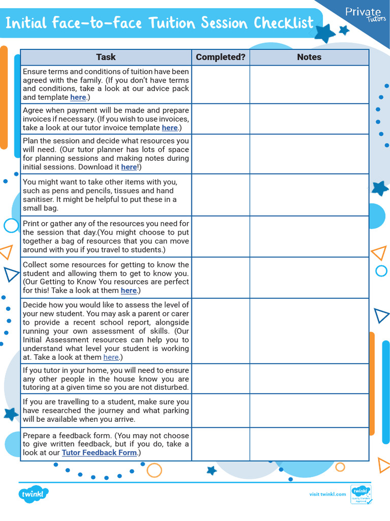 Initial Tuition Session Checklist | PDF