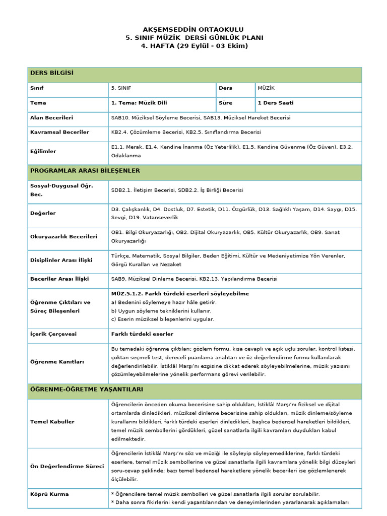 5 Sinif Muzik Maarif M 4 Hafta Gunluk Plani 1761813602 | PDF