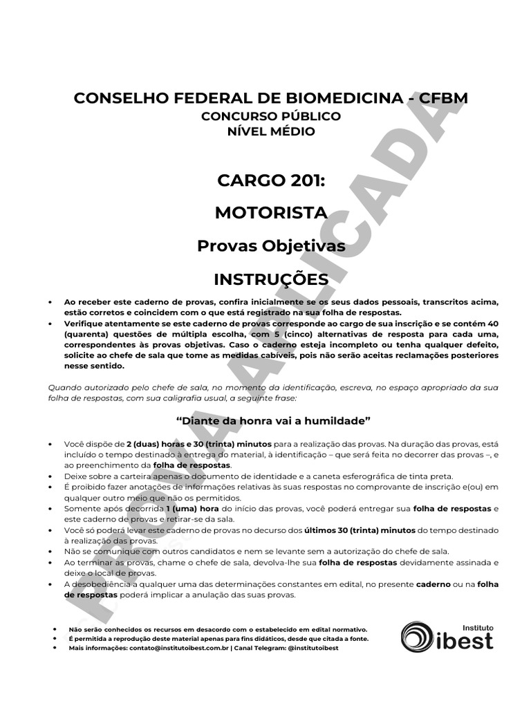 Prova do Concurso CFBM 201 - Motorista | PDF | Tráfego | Revolução ...