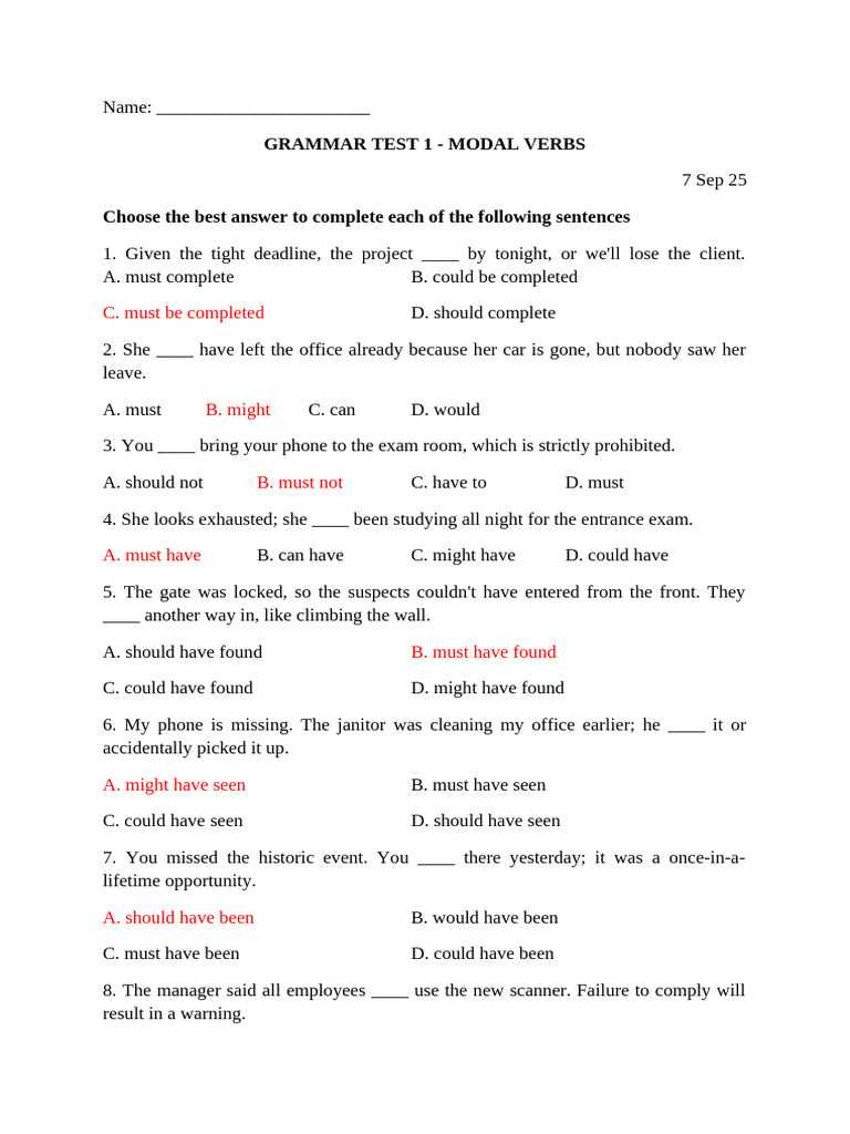 Grammar Test: Modal Verbs Quiz | PDF