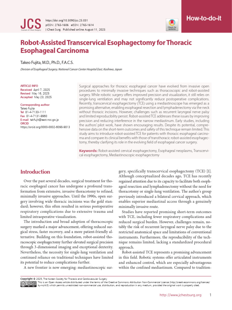 Robot-Assisted Transcervical Esophagectomy for Tho | PDF | Esophagus ...