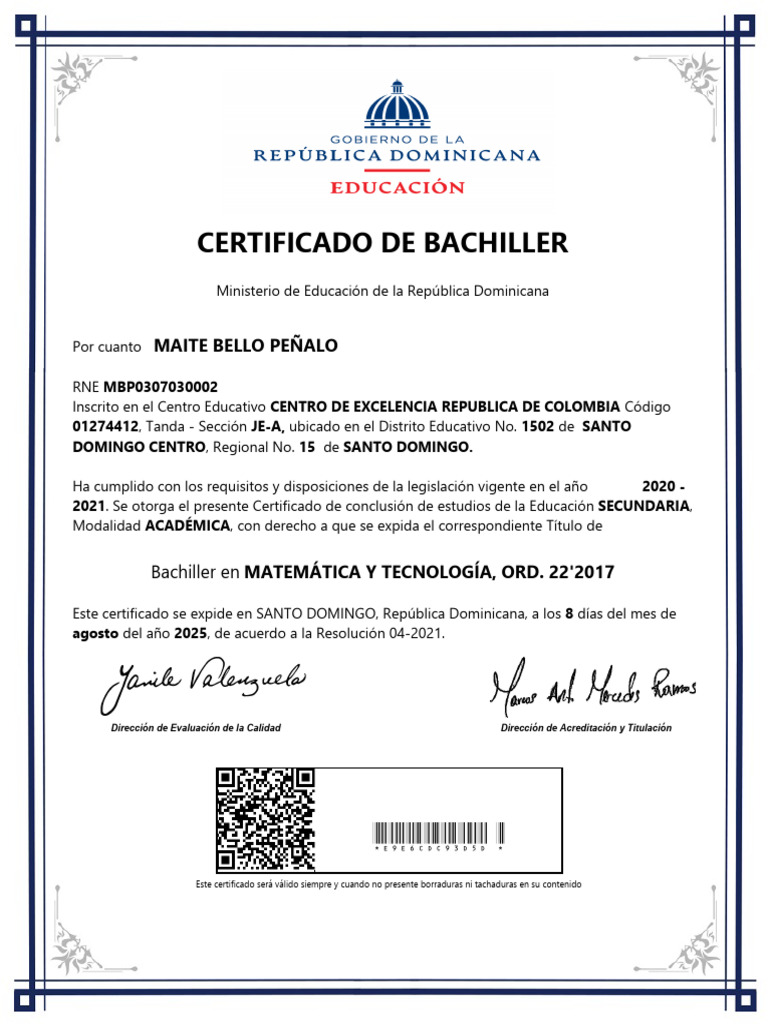 Certificado de Bachillerato 2021 RD | PDF