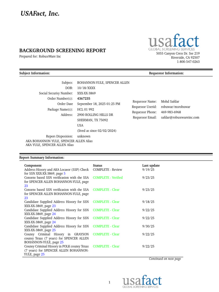 Background Screening Report for Spencer Yule | PDF | General Services ...