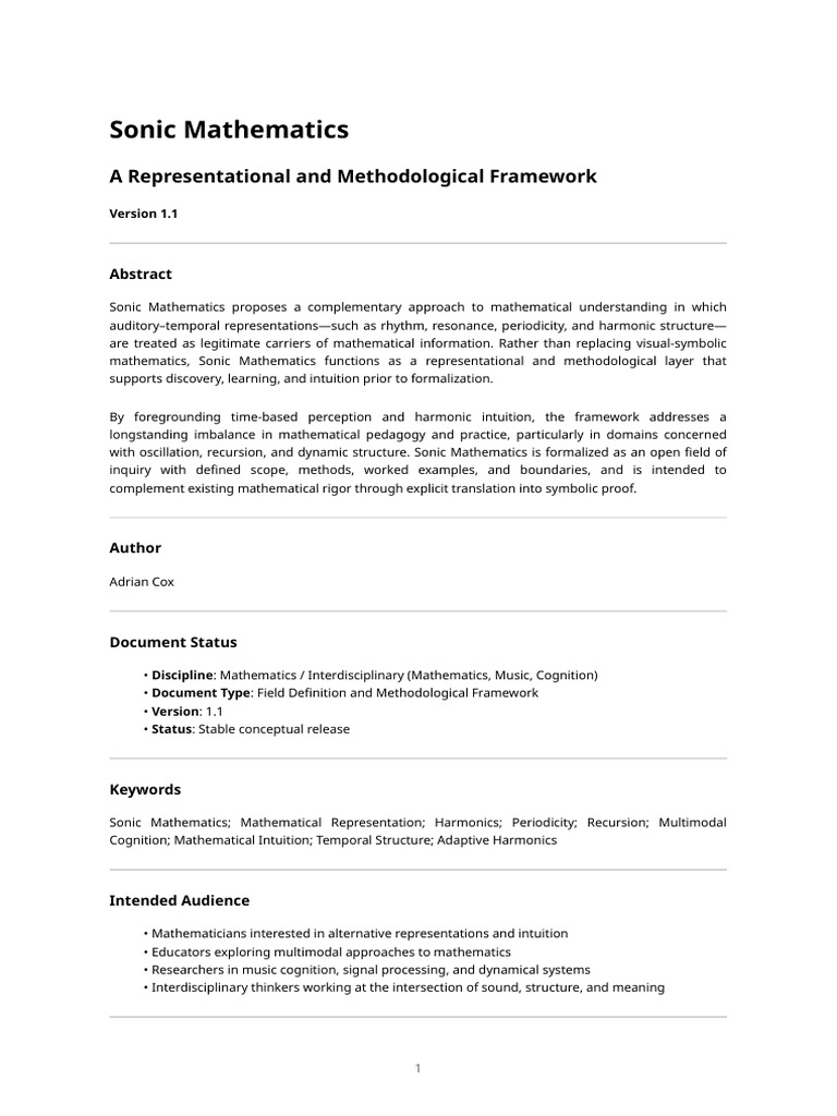Sonic Mathematics v1.1 - Conceptual Framework and Field Formation | PDF |  Mathematics | Sound