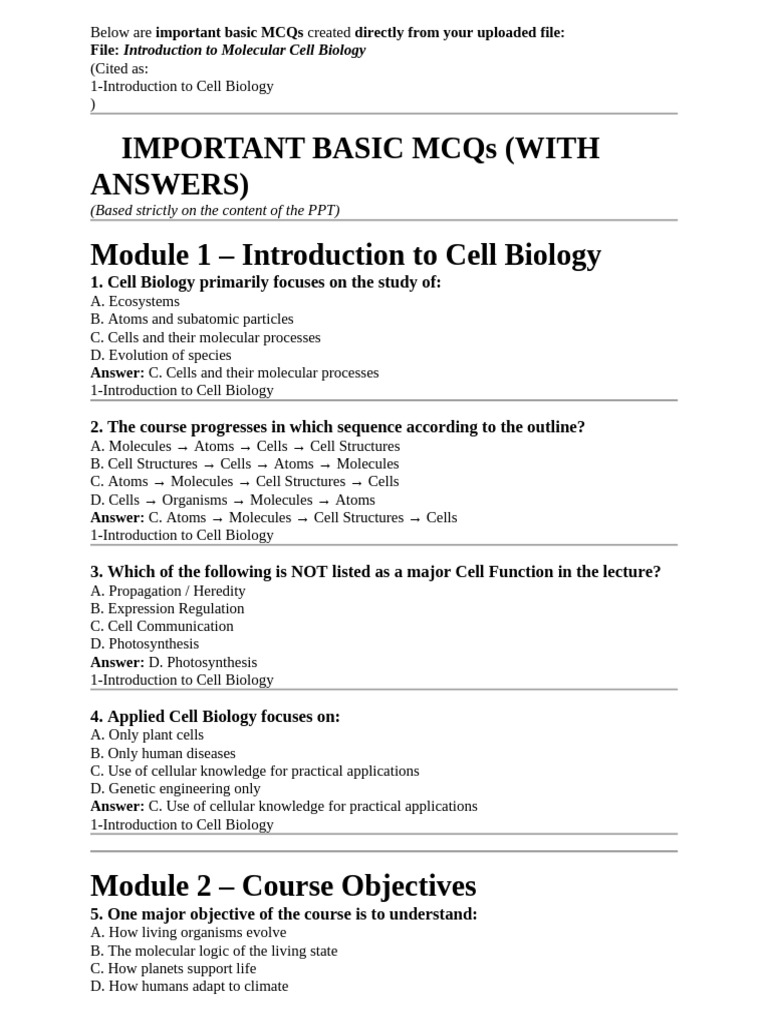 Essential MCQs on Cell Biology Concepts | PDF | Carbohydrates | Cell ...