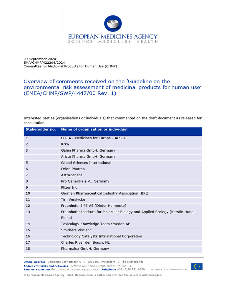Overview Comments Received Guideline Environmental Risk Assessment ...