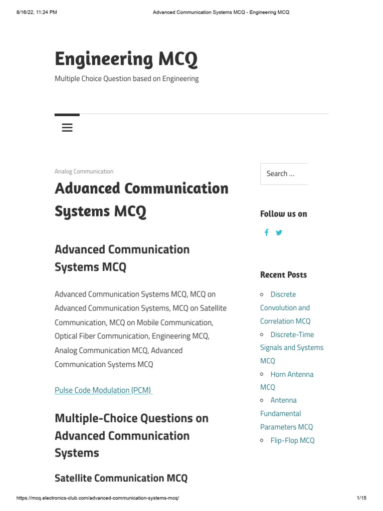Advanced Communication Systems MCQ | PDF | Optical Fiber | Dispersion ...