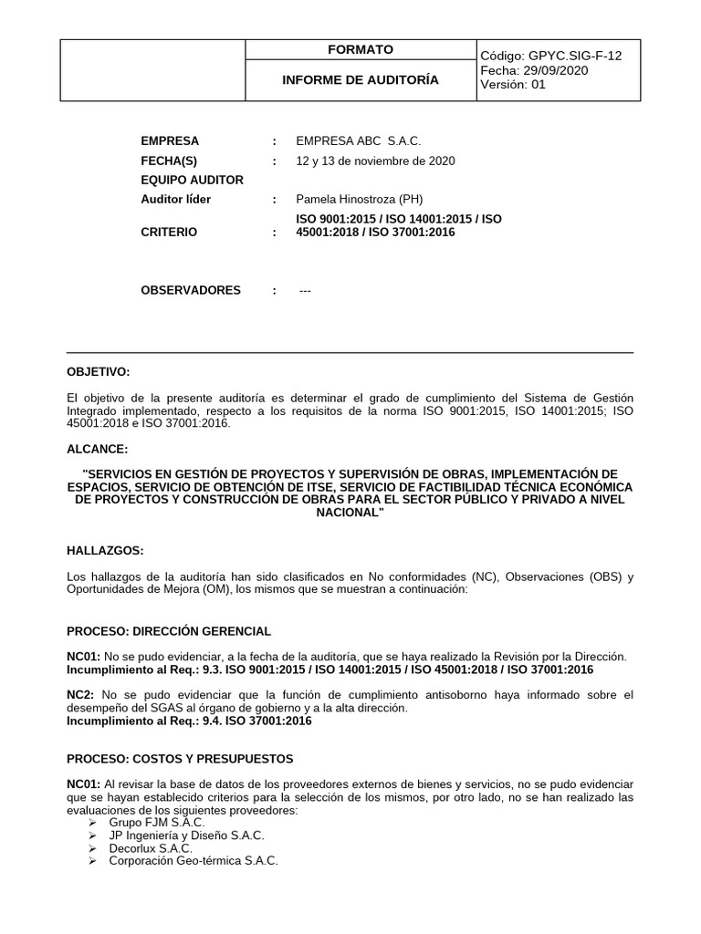 Ejemplo Informe Auditoria Interna 2 | PDF | Auditoría | Business
