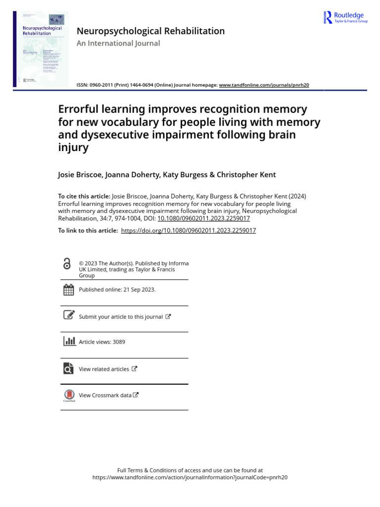 Errorful Learning Enhances Vocabulary Memory | PDF | Recall (Memory ...
