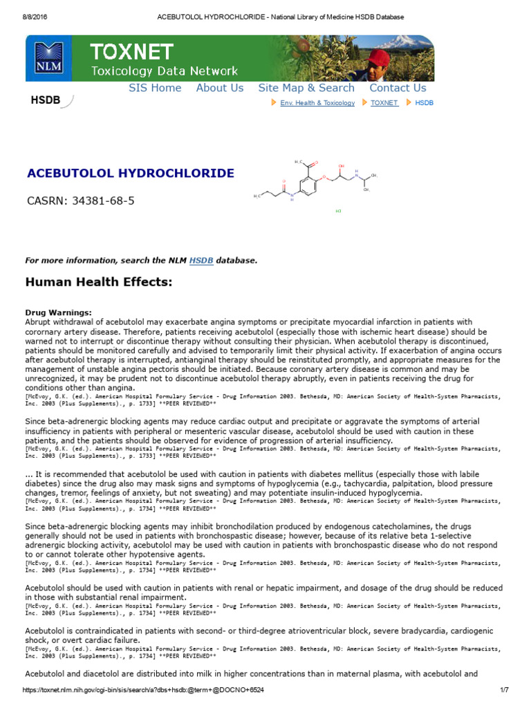 Acebutolol Hydrochloride - National Library of Medicine HSDB Database ...