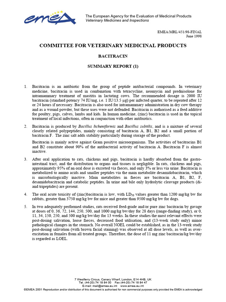 Bacitracin Veterinary Use Summary Report | PDF | Biology
