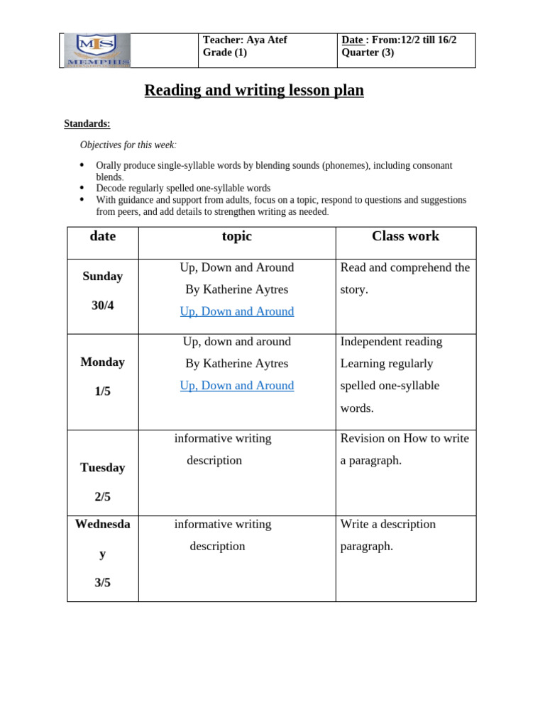 Grade 1 Reading & Writing Lesson Plan | PDF