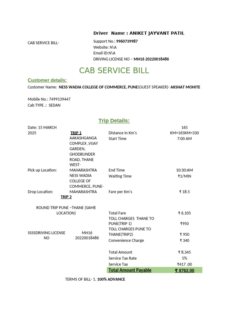 Cab Service Bill for NESS WADIA College | PDF