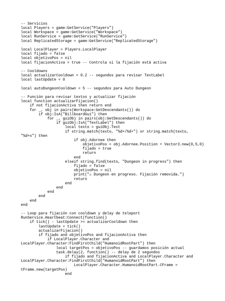 Script de Fijación y Auto Dungeon en Roblox | PDF