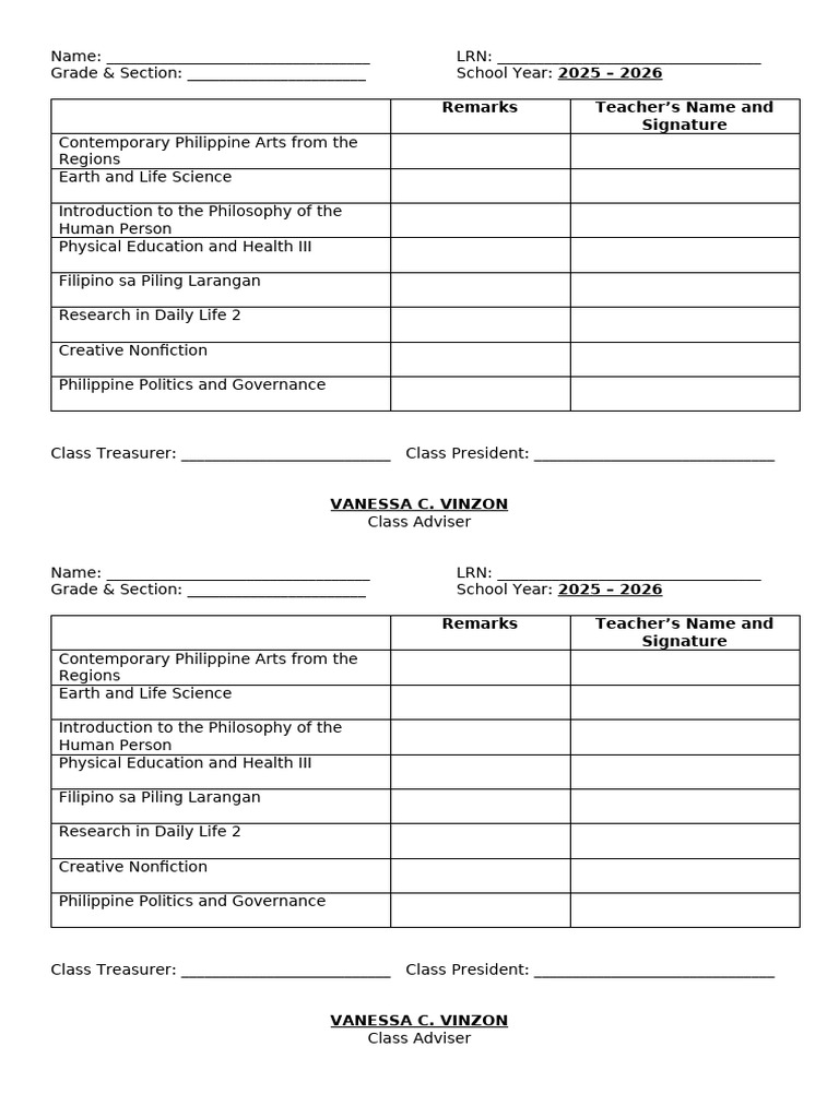 2025-2026 Class Schedule and Remarks | PDF