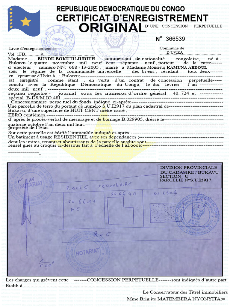 Certificat d'enregistrement RDC | PDF | Géomatique | Droit immobilier