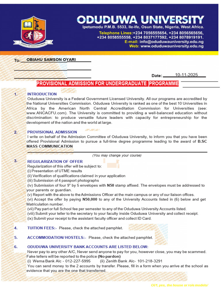 Provisional Admission Offer at Oduduwa University | PDF | Dress ...
