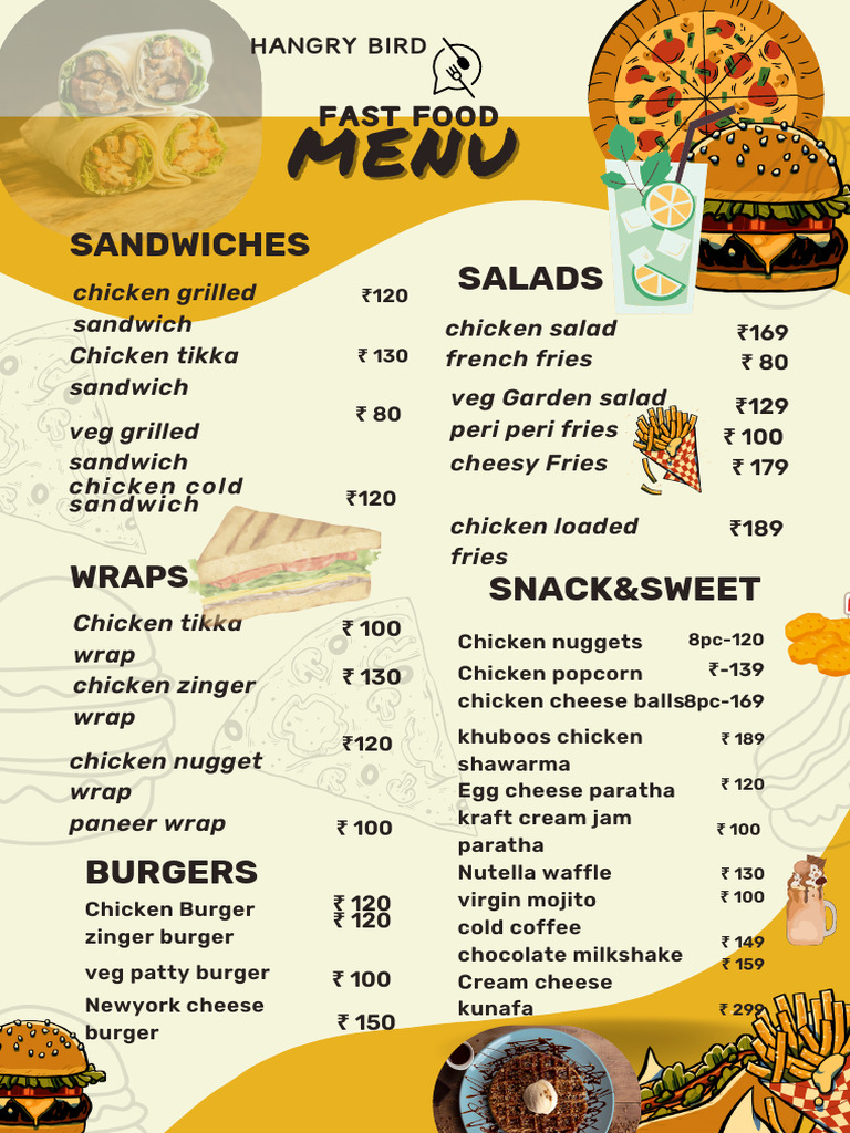 Fast Food Menu: Wraps, Burgers & Snacks | PDF