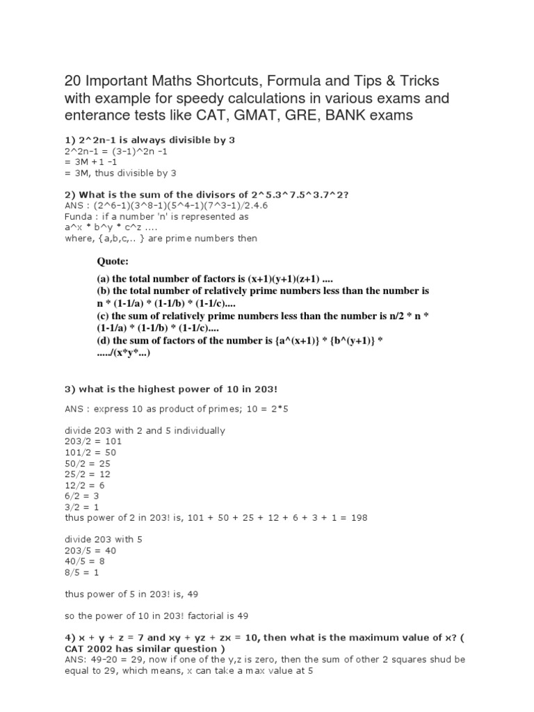 Maths Exam Shortcuts & Tricks | PDF | Prime Number | Fraction (Mathematics)