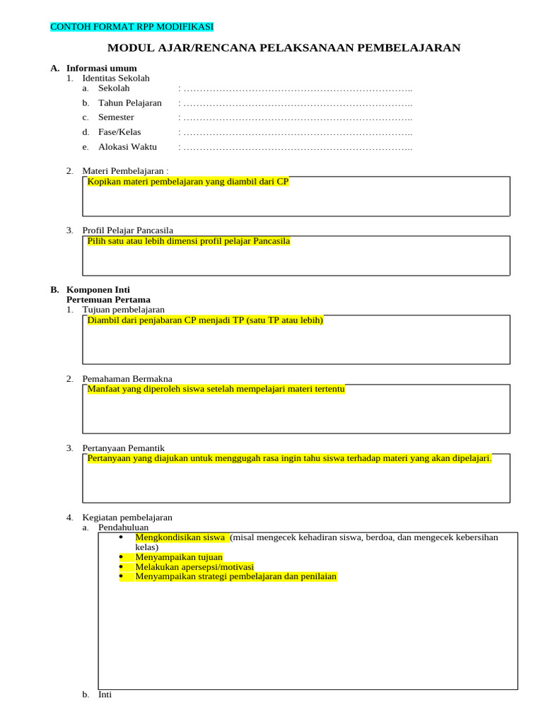 Contoh Format RPP Modifikasi | PDF
