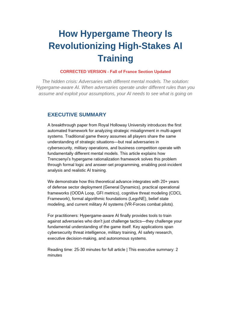 Hypergame Theory in AI Training | PDF