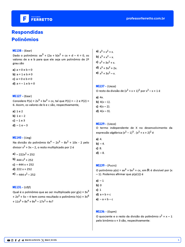 Questões sobre Polinômios e Divisibilidade | PDF | Objetos matemáticos ...